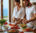Ωμέγα 3 και γονιμότητα: Ζευγάρι που ακολουθεί Μεσογειακή διατροφή προετοιμάζοντας γεύμα με Ω3.