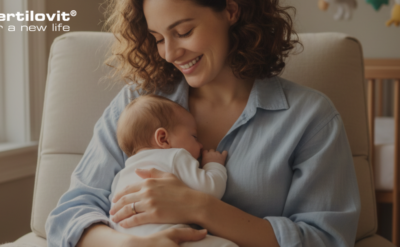 Νέα μαμά αγκαλιά με το μωρό της σε φωτεινό δωμάτιο - Υποστήριξη θηλασμού Fertilovit.