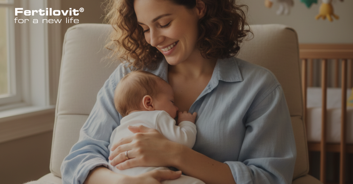 Νέα μαμά αγκαλιά με το μωρό της σε φωτεινό δωμάτιο - Υποστήριξη θηλασμού Fertilovit.