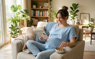 Έγκυος γυναίκα τρώει υγιεινά σνακ διατροφή για Hashimoto και γονιμότητα