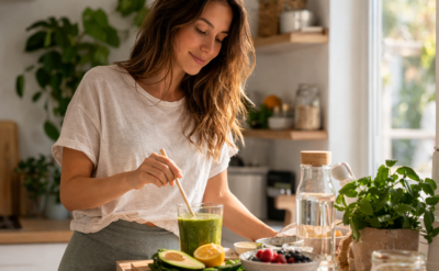 Γυναίκα ετοιμάζει υγιεινό smoothie στην κουζίνα PCOS και διατροφή για απώλεια βάρους