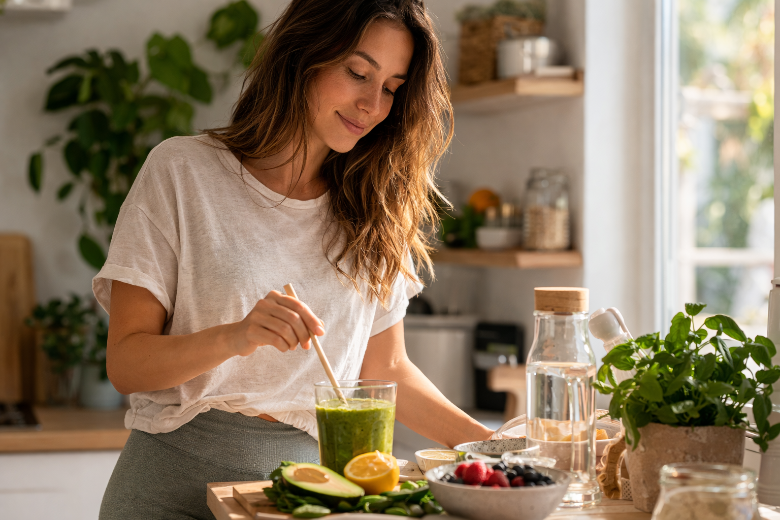 Γυναίκα ετοιμάζει υγιεινό smoothie στην κουζίνα PCOS και διατροφή για απώλεια βάρους
