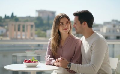 Ζευγάρι που ενημερώνεται για βιταμίνες γονιμότητας με φόντο την Ακρόπολη στην Αθήνα - Fertilovit Guide 2026