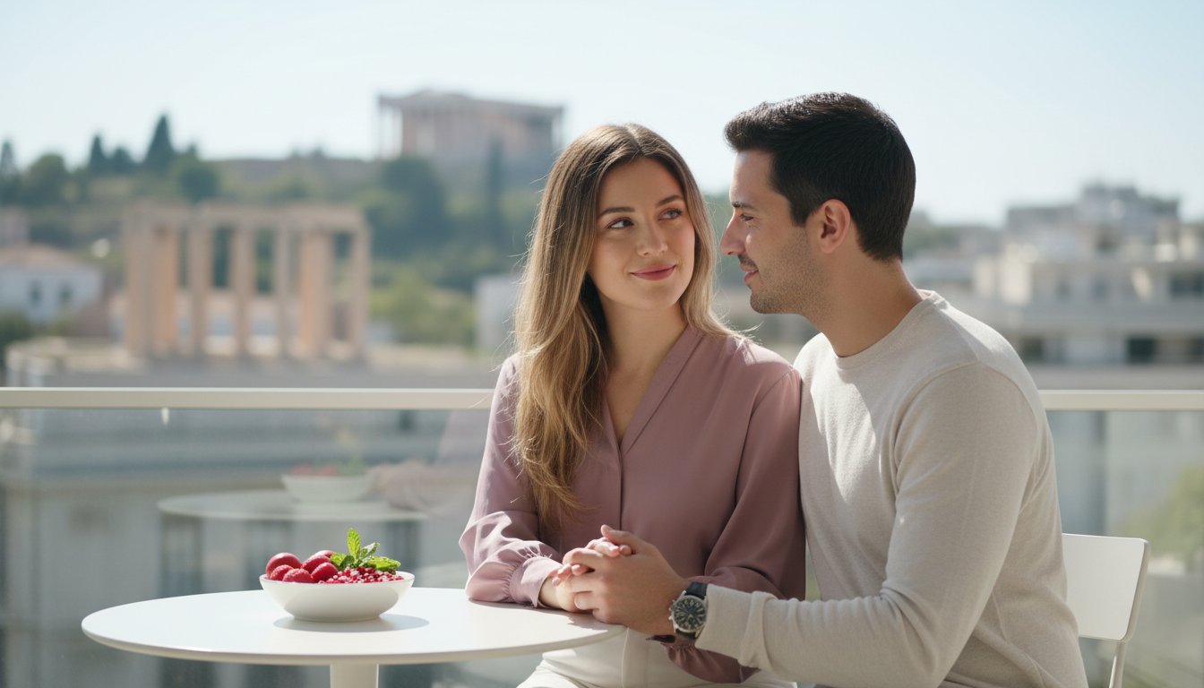 Ζευγάρι που ενημερώνεται για βιταμίνες γονιμότητας με φόντο την Ακρόπολη στην Αθήνα - Fertilovit Guide 2026
