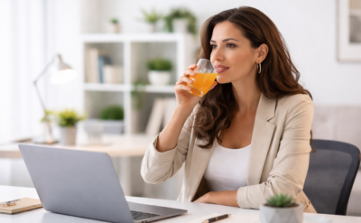 Γυναίκα περίπου 35–40 ετών σε γραφείο πίνει χυμό μαζί με ενα Fertilovit, υποστηρίζοντας φυσικά την ποιότητα των ωαρίων