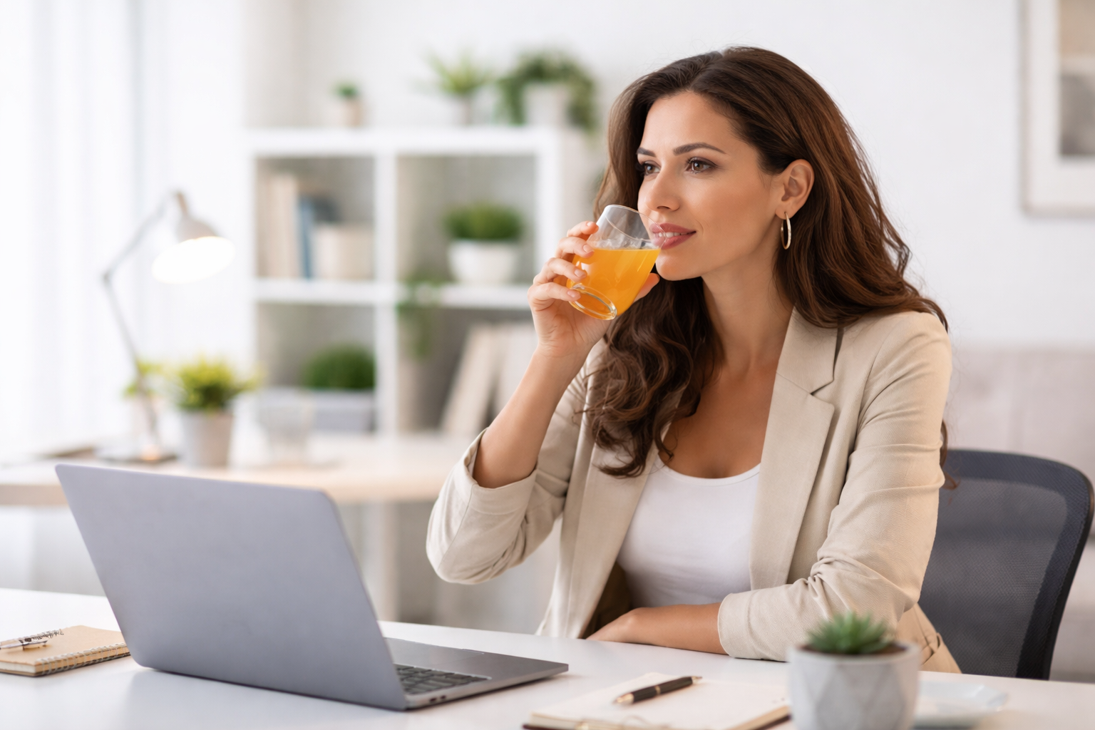 Γυναίκα περίπου 35–40 ετών σε γραφείο πίνει χυμό μαζί με ενα Fertilovit, υποστηρίζοντας φυσικά την ποιότητα των ωαρίων
