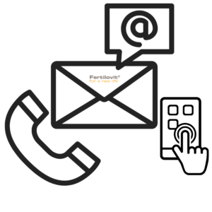 Graphic showing contact options: a phone handset, an email envelope with Fertilivite logo, a speech bubble with @, and a finger tapping a smartphone.