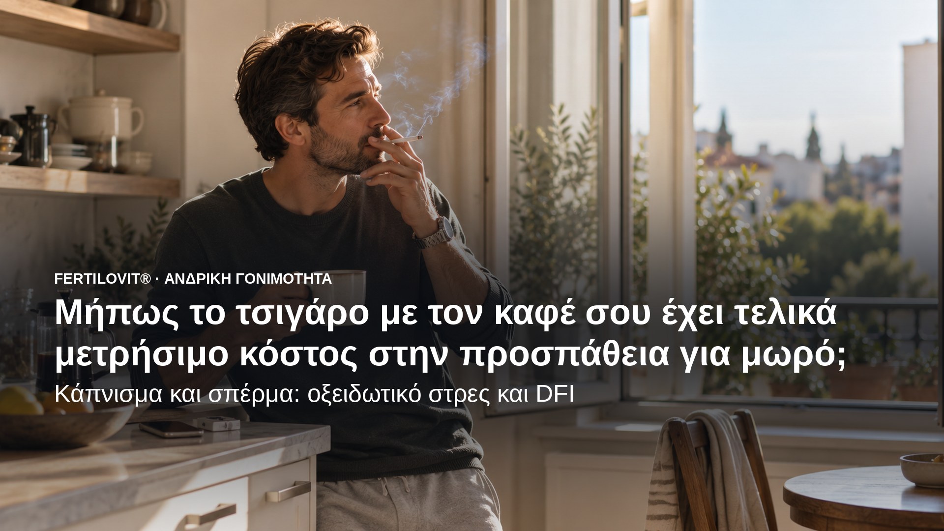 Άνδρας καπνίζει με τον πρωινό καφέ – κάπνισμα και σπέρμα.